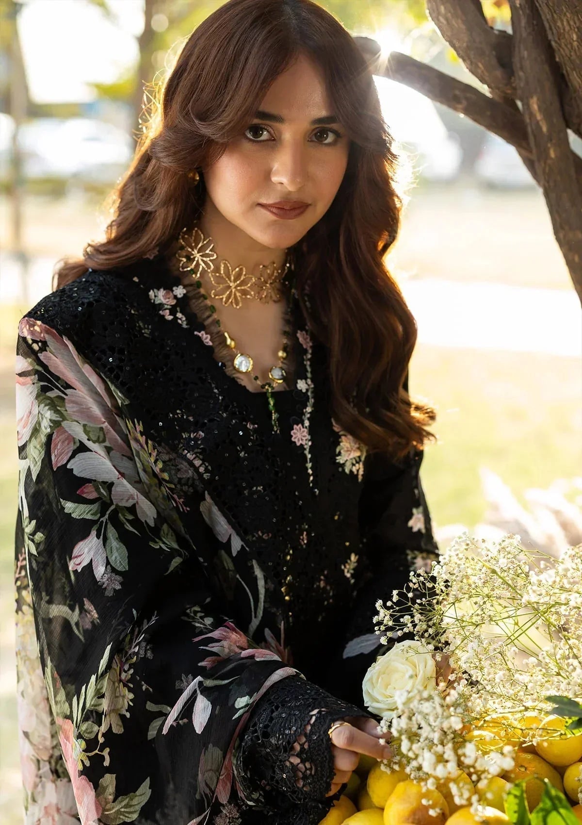 Elaf - 3Pc Lawn Chikankaari Embroidered Shirt With Chiffon Printed Dupatta And Trouser