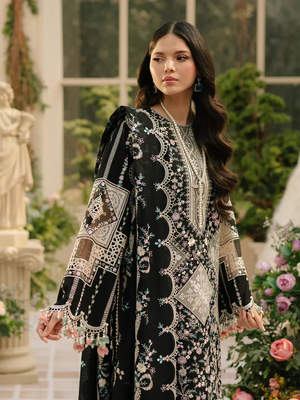 Bin Ilyaas - 3Pc Lawn Embroidered Shirt With Khaddi Net Embroidered Dupatta And Trouser
