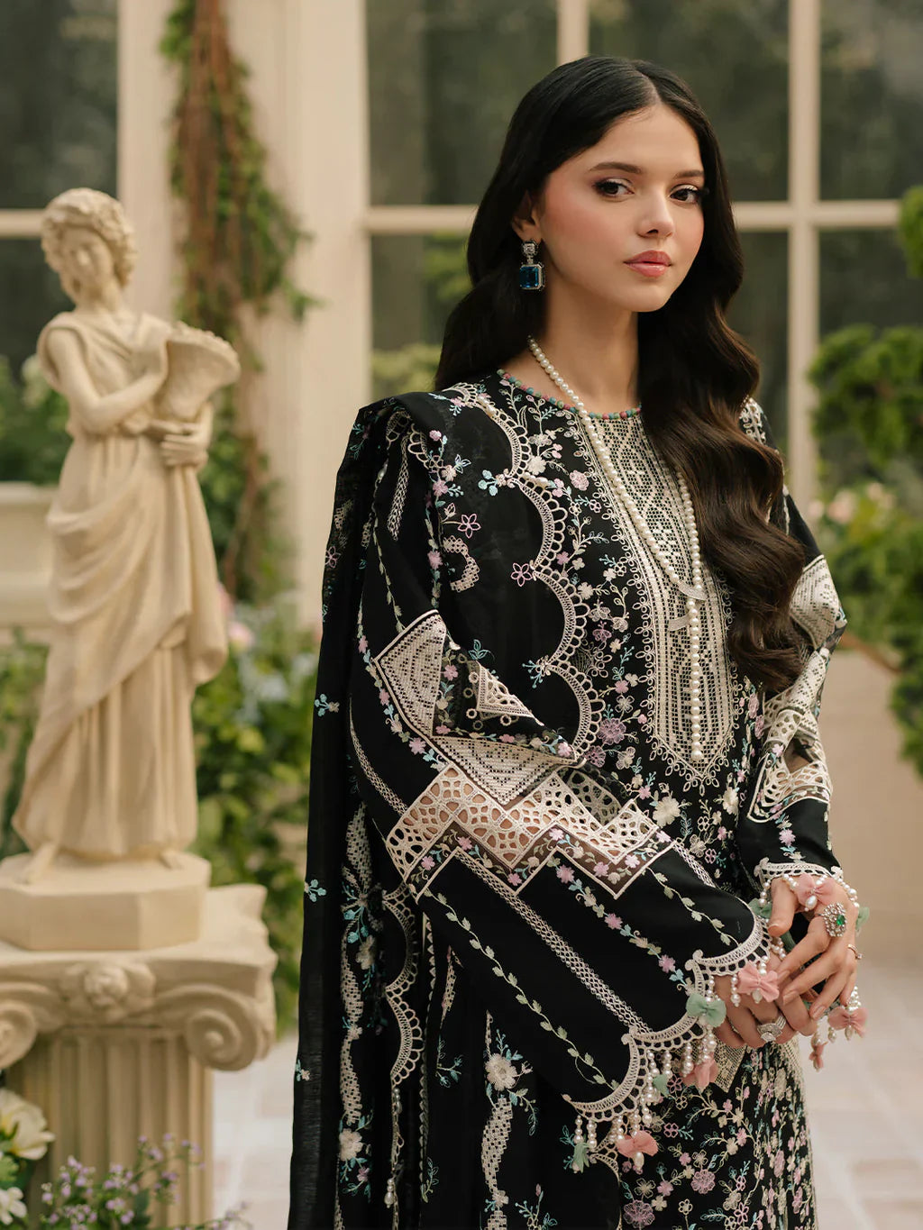 Bin Ilyaas - 3Pc Lawn Embroidered Shirt With Khaddi Net Embroidered Dupatta And Trouser