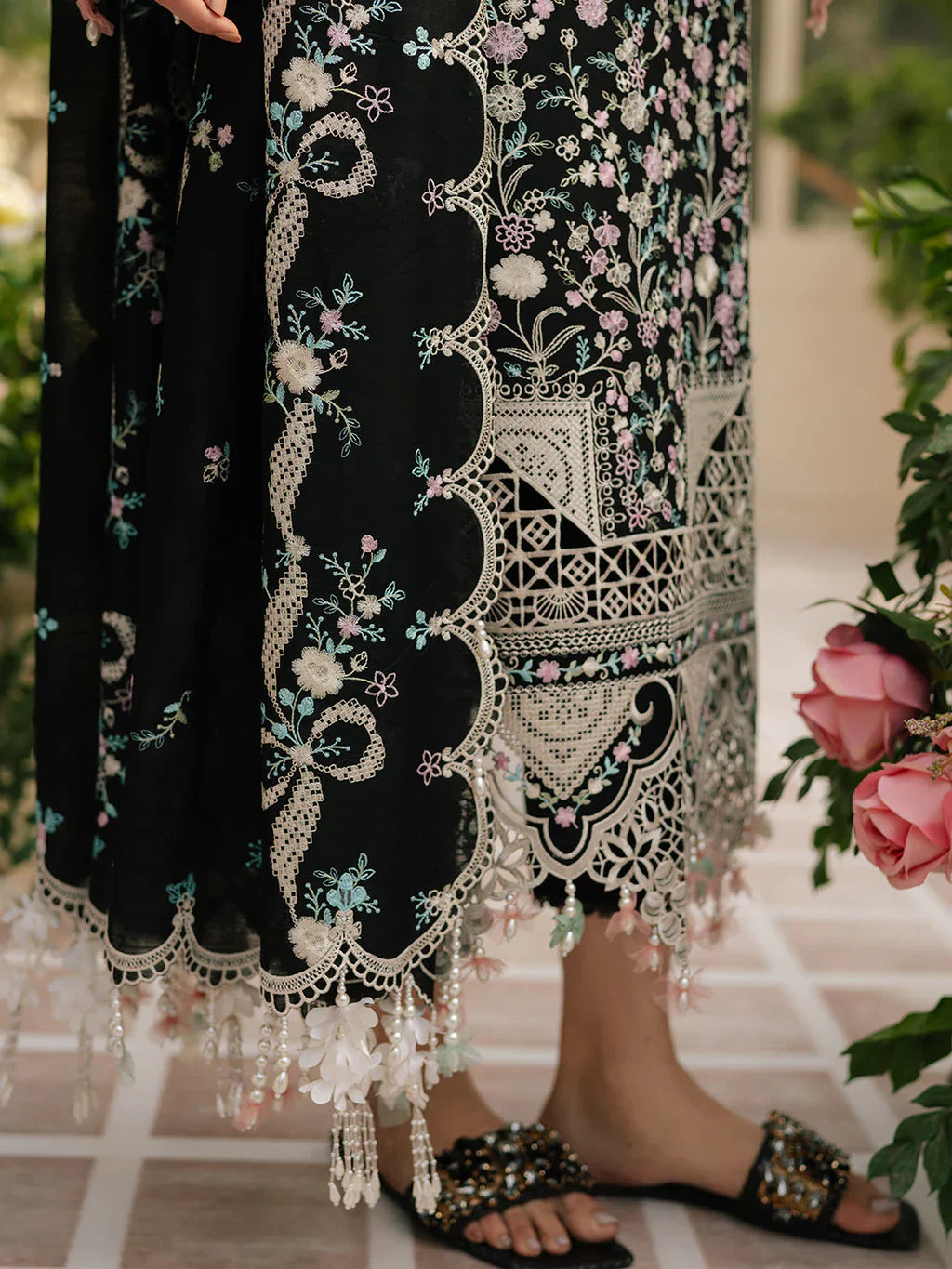 Bin Ilyaas - 3Pc Lawn Embroidered Shirt With Khaddi Net Embroidered Dupatta And Trouser