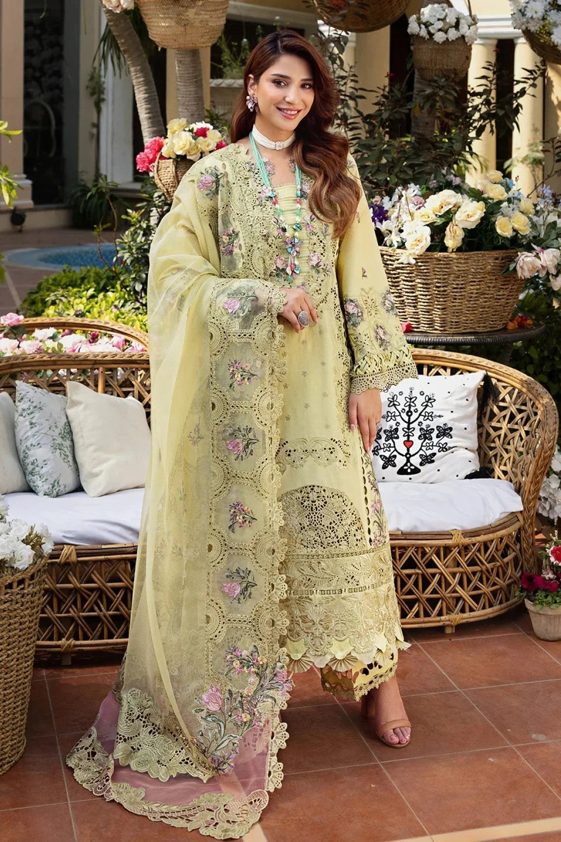 Elaf - 3Pc Lawn Embroidered Shirt With Khaddi Net Embroidered Dupatta And Trouser