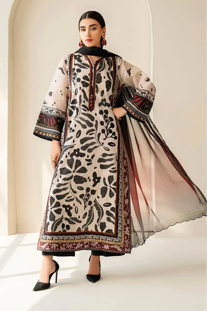 Baroque - 3Pc Lawn Printed Shirt With Silk Printed Dupatta And Trouser