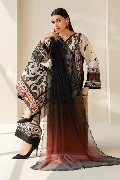 Baroque - 3Pc Lawn Printed Shirt With Silk Printed Dupatta And Trouser