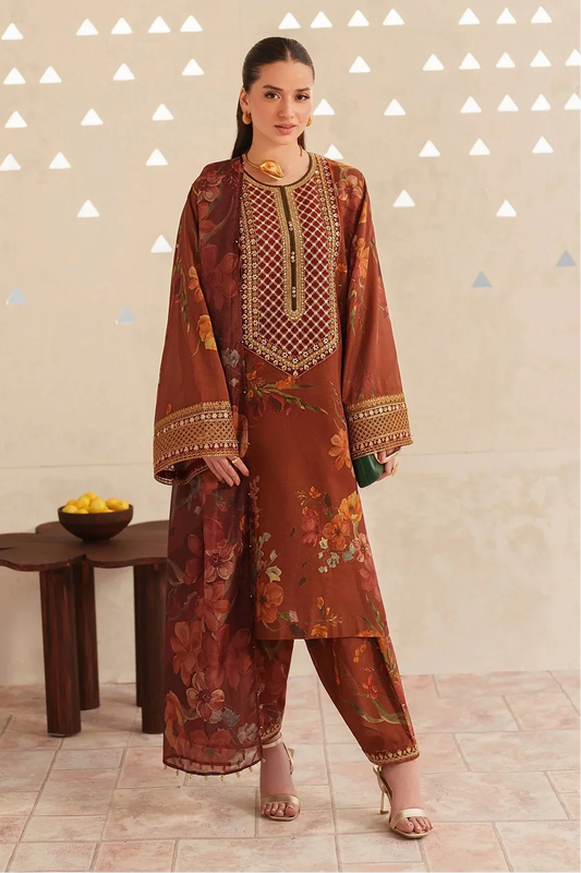 Baroque - 3Pc Lawn Printed Shirt With Silk Printed Dupatta And Trouser