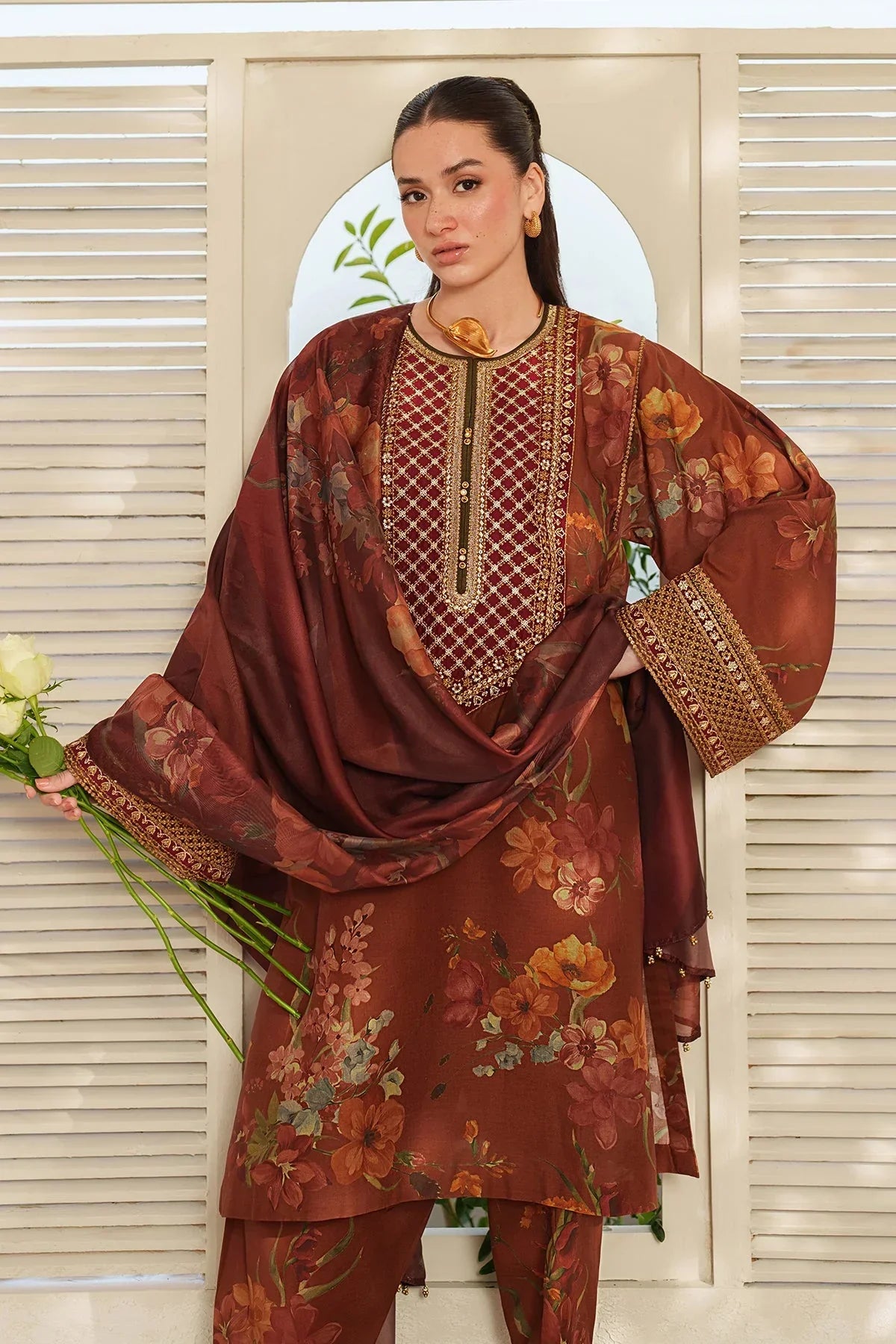 Baroque - 3Pc Lawn Printed Shirt With Silk Printed Dupatta And Trouser