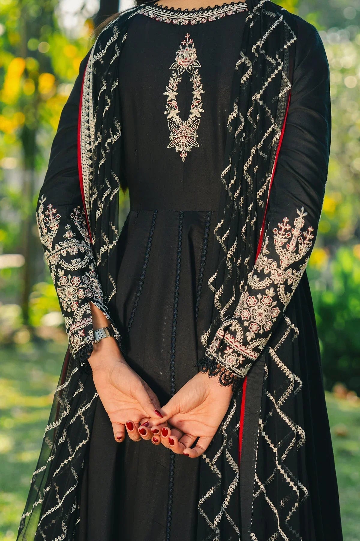 Afrozeh - 3Pc Lawn Embroidered Frock With Chiffon Embroidered Dupatta And Trouser