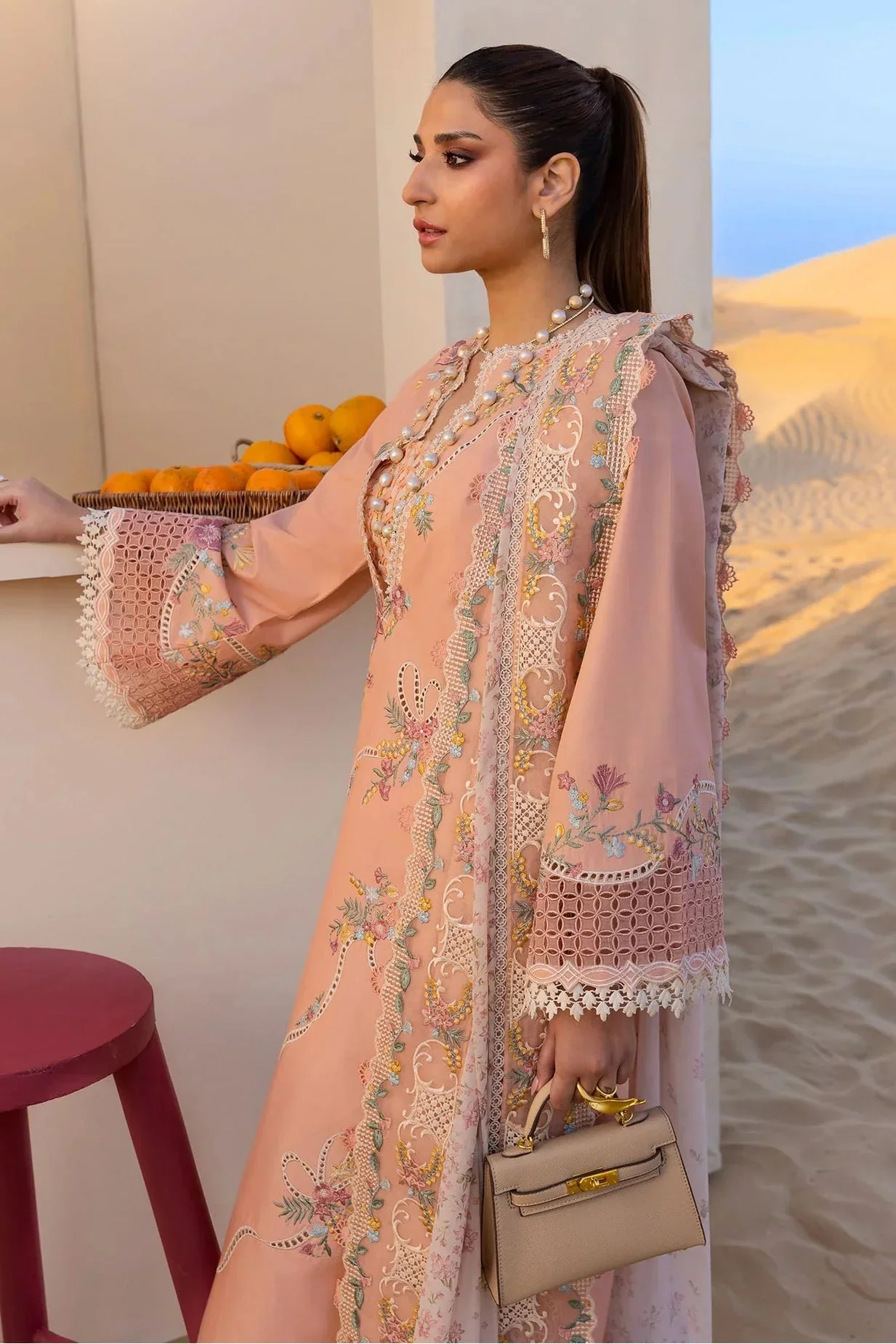 Crimson - 3Pc Chikankari Lawn Embroidered Shirt With Chiffon Printed Dupatta And Trouser