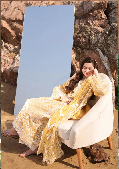 Imrozia - 3Pc Lawn Embroidered Shirt With Khaddi Net Embroidered Dupatta And Trouser