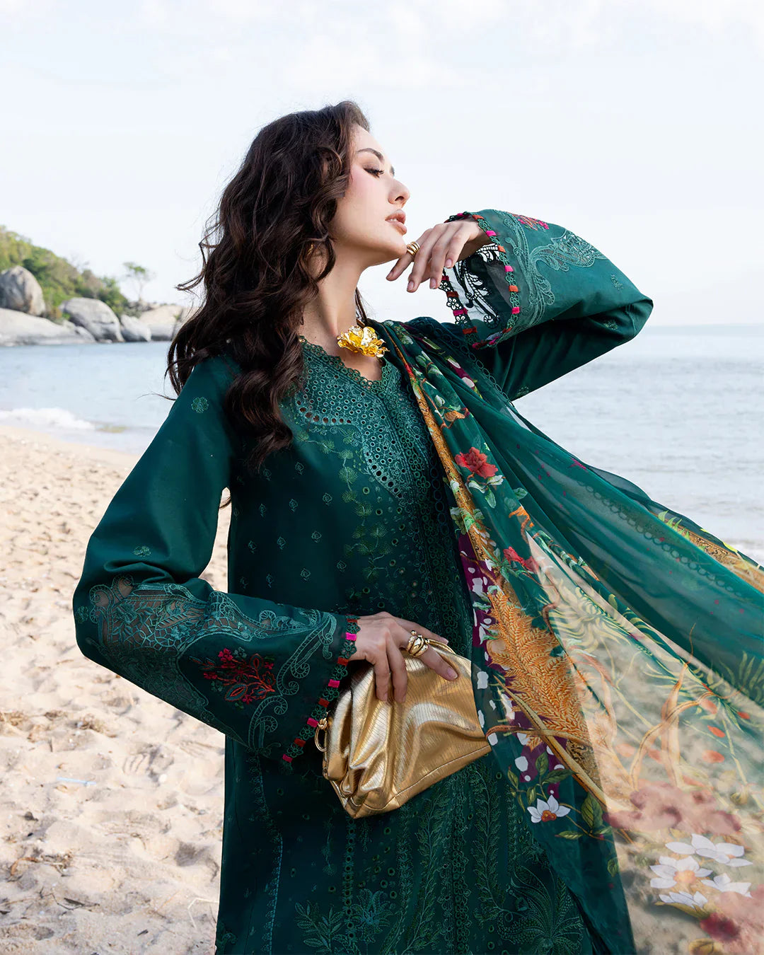 Fiona - 3Pc Lawn Chikankaari Embroidered Shirt With Chiffon Printed Dupatta And Trouser