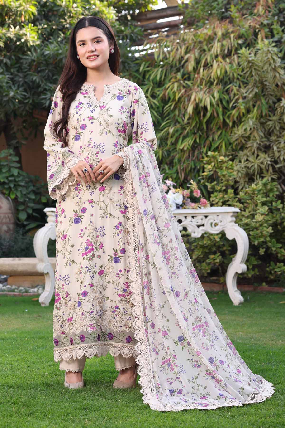 Aneelas - 3Pc Lawn Printed Shirt With Silk Printed Dupatta And Trouser