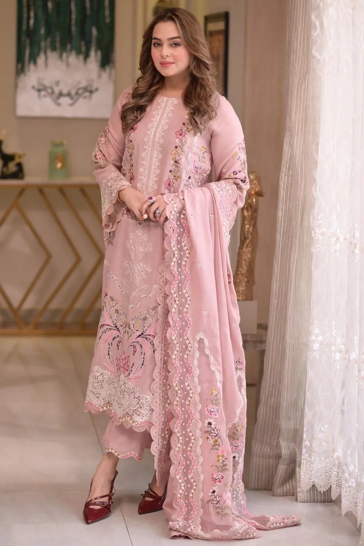 Aneelas - 3Pc Lawn Embroidered Shirt With Cotton Net Embroidered Dupatta And Trouser