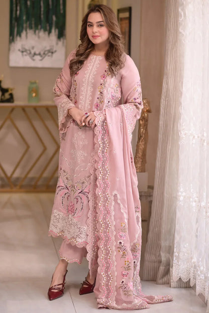 Aneelas - 3Pc Lawn Embroidered Shirt With Cotton Net Embroidered Dupatta And Trouser