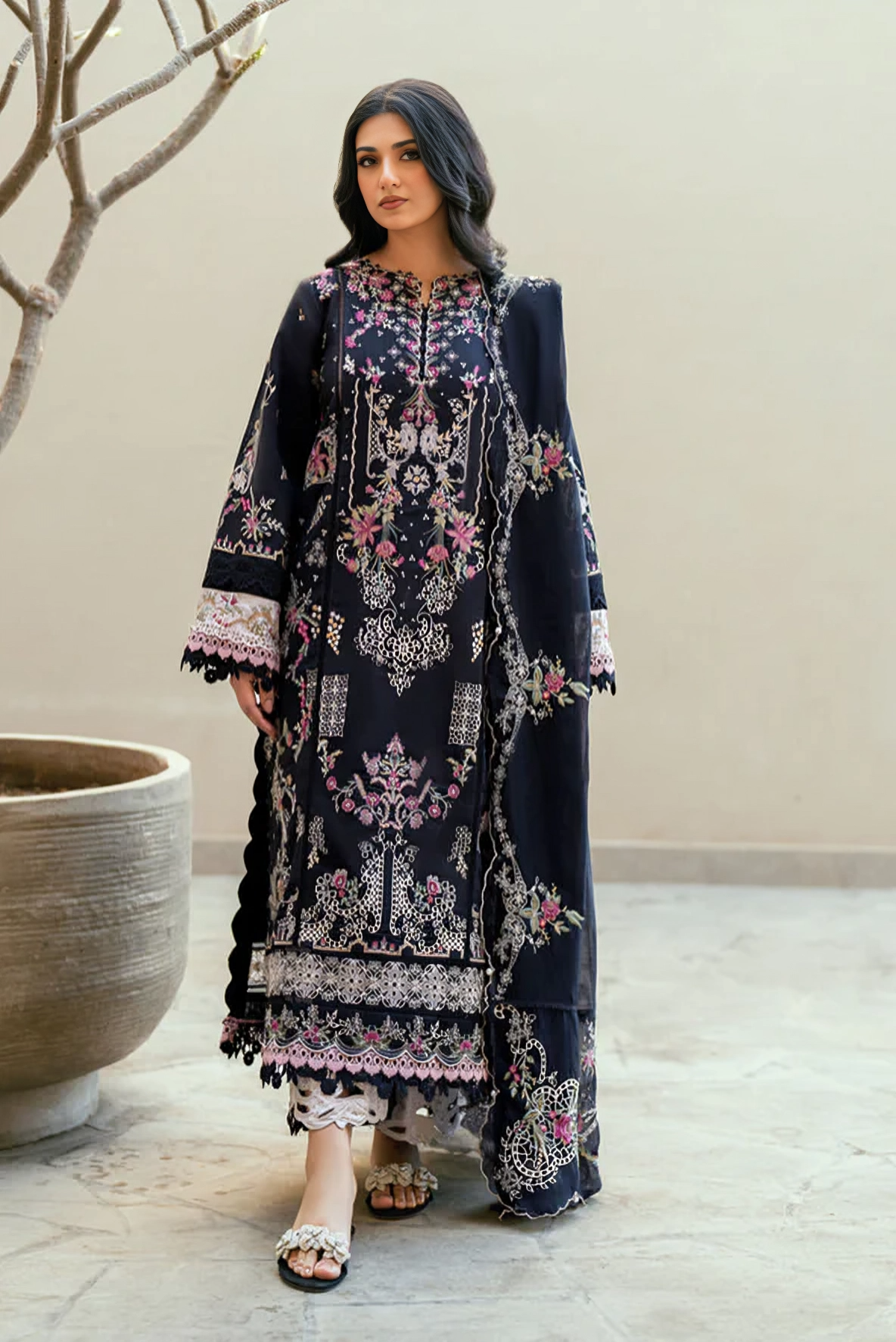 Florent - 3Pc Lawn Embroidered Shirt With Cotton Net Embroidered Dupatta And Trouser