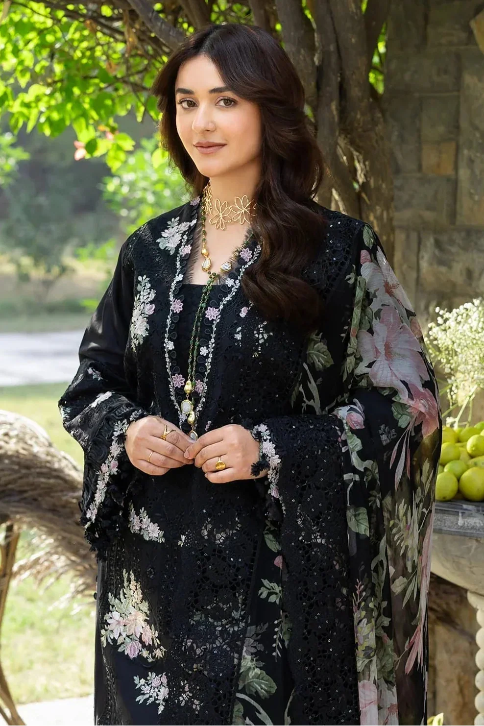 Elaf - 3Pc Lawn Chikankaari Embroidered Shirt With Chiffon Printed Dupatta And Trouser