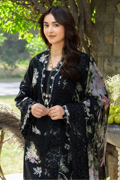 Elaf - 3Pc Lawn Chikankaari Embroidered Shirt With Chiffon Printed Dupatta And Trouser