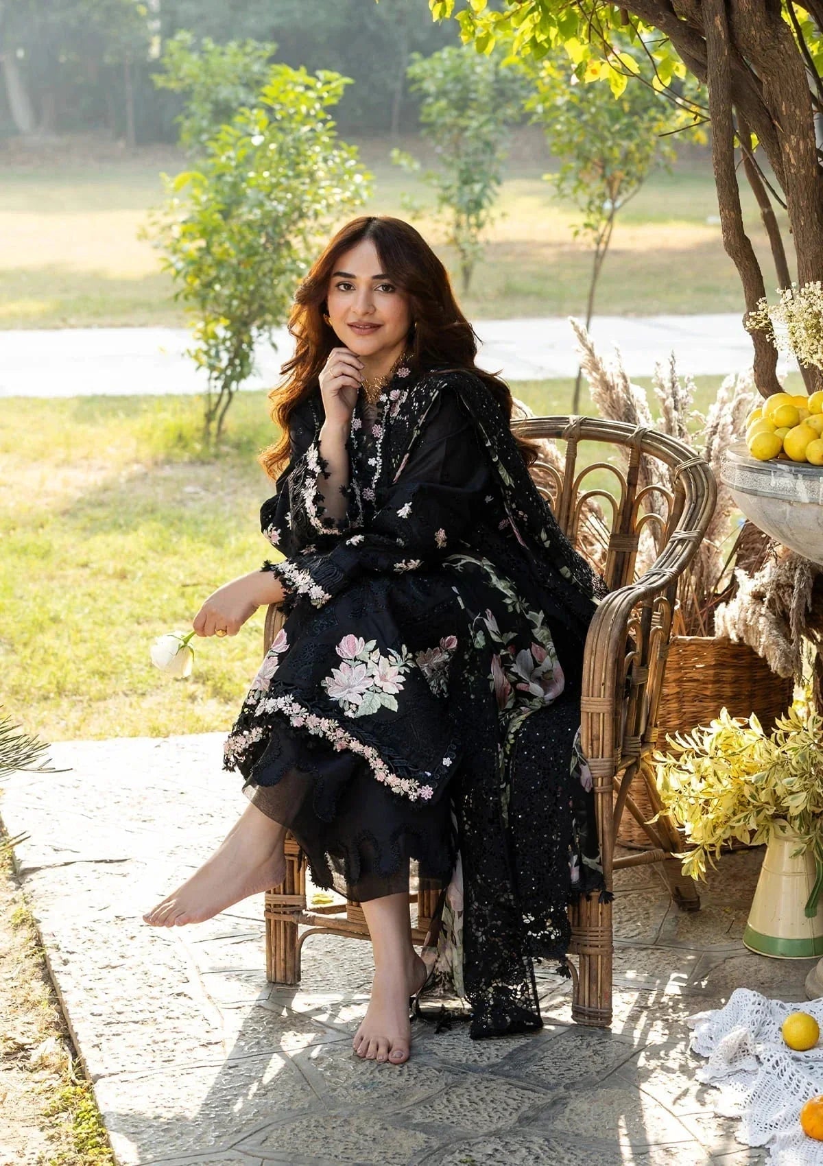 Elaf - 3Pc Lawn Chikankaari Embroidered Shirt With Chiffon Printed Dupatta And Trouser