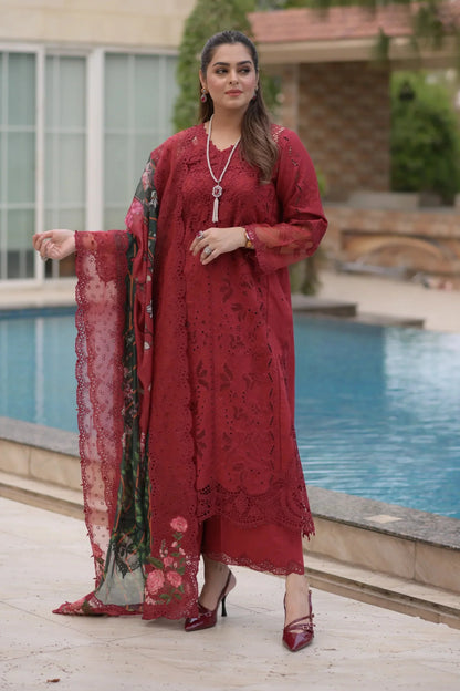 Aneelas - 3Pc Lawn Chikankaari Embroidered Shirt With Chiffon Printed Dupatta And Trouser