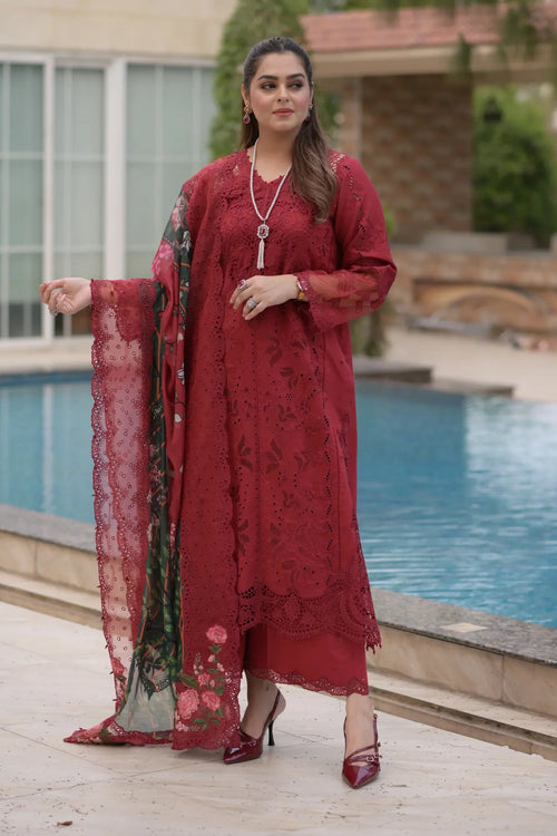 Aneelas - 3Pc Lawn Chikankaari Embroidered Shirt With Chiffon Printed Dupatta And Trouser