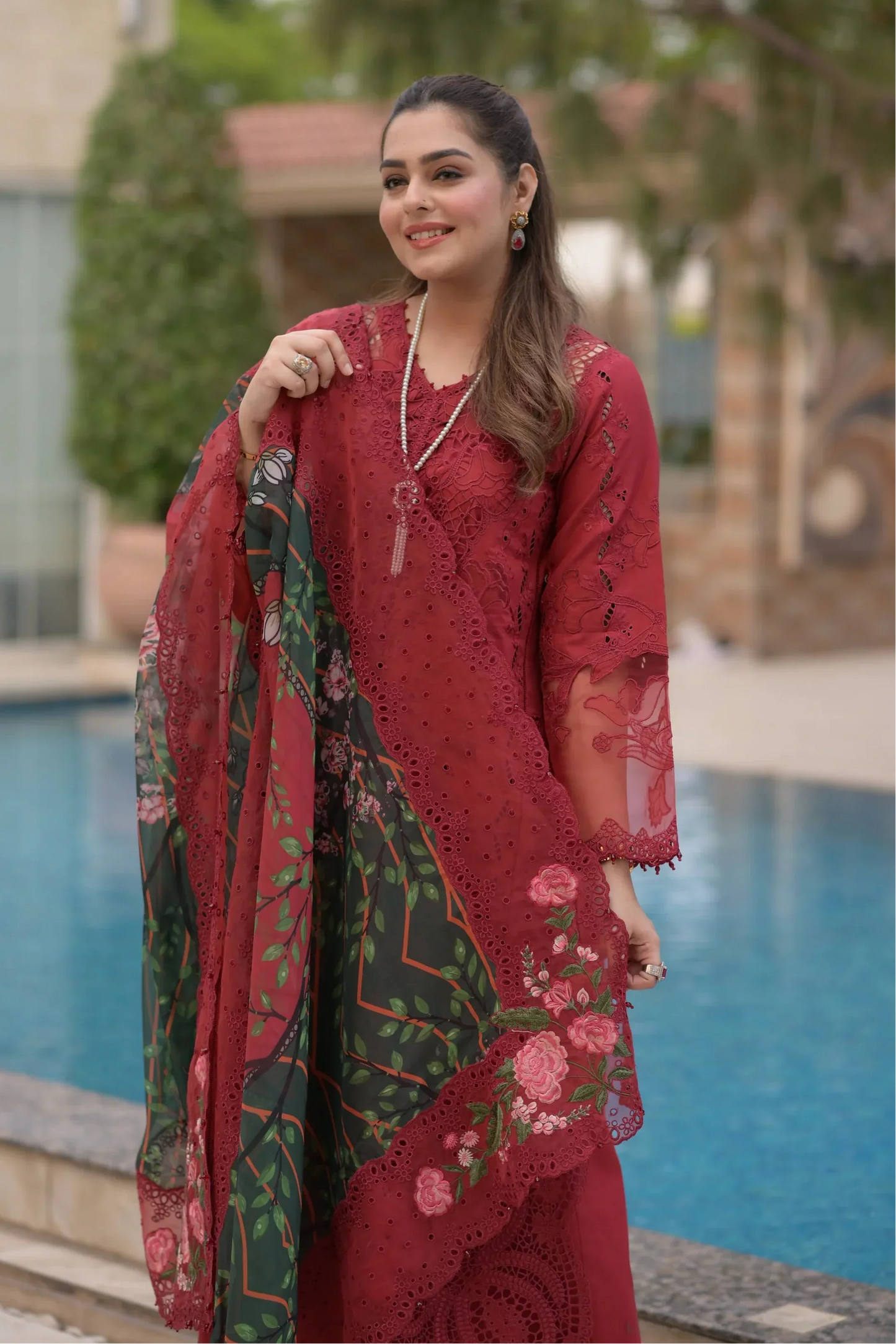 Aneelas - 3Pc Lawn Chikankaari Embroidered Shirt With Chiffon Printed Dupatta And Trouser