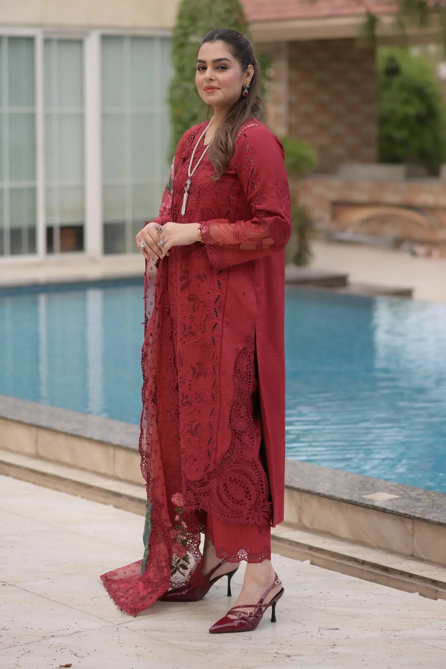 Aneelas - 3Pc Lawn Chikankaari Embroidered Shirt With Chiffon Printed Dupatta And Trouser