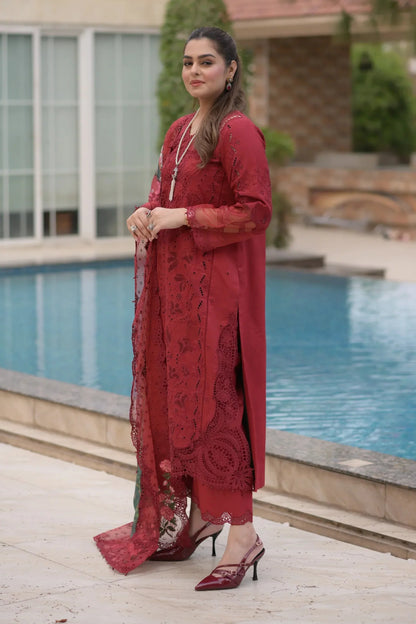 Aneelas - 3Pc Lawn Chikankaari Embroidered Shirt With Chiffon Printed Dupatta And Trouser