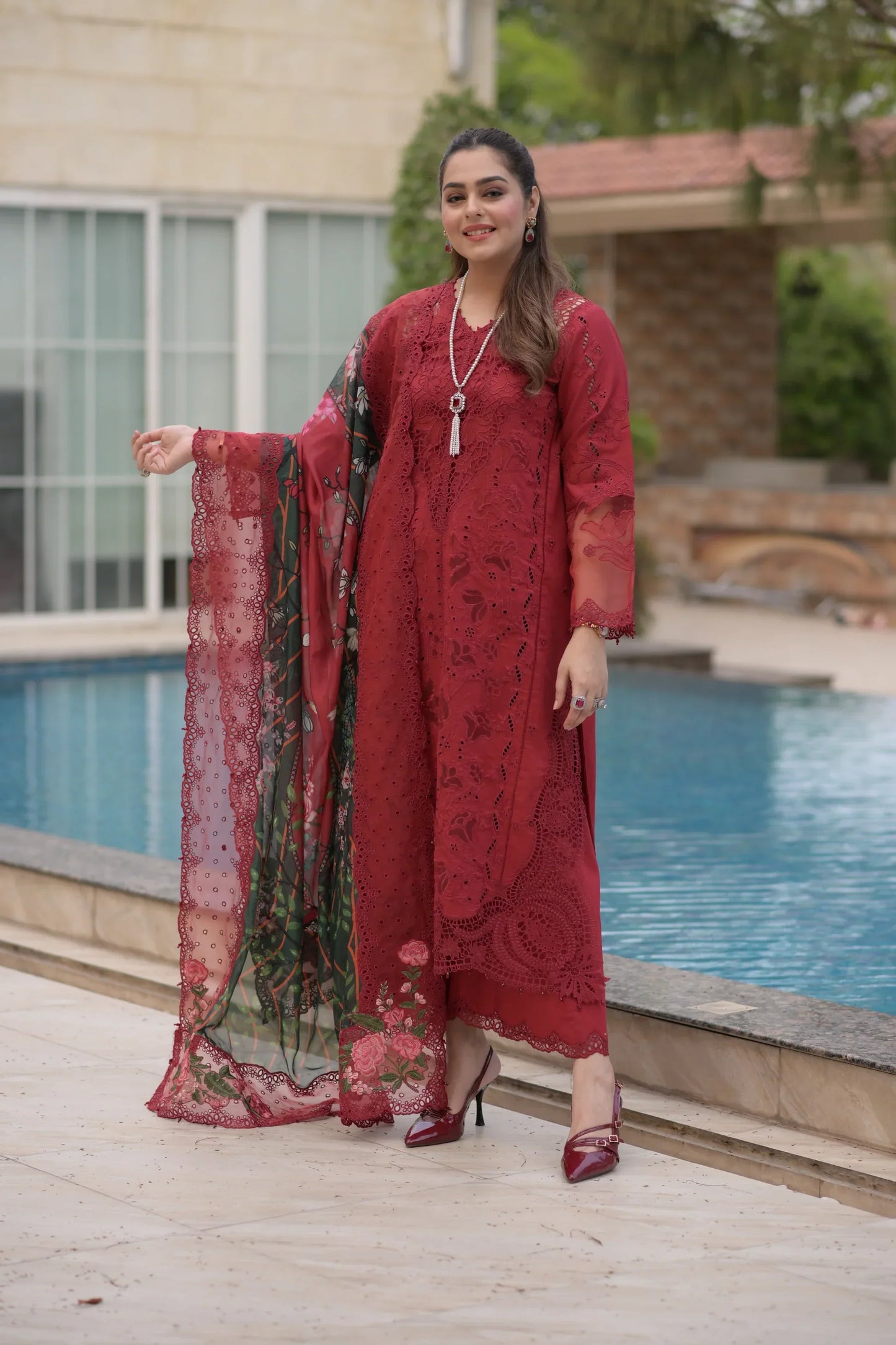 Aneelas - 3Pc Lawn Chikankaari Embroidered Shirt With Chiffon Printed Dupatta And Trouser