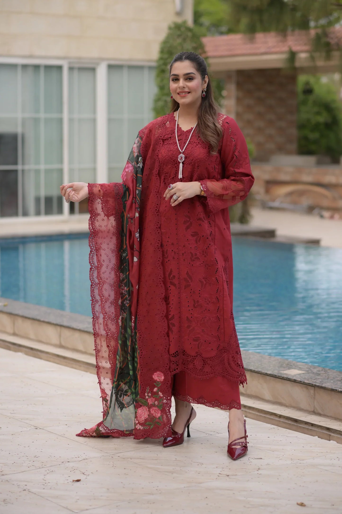 Aneelas - 3Pc Lawn Chikankaari Embroidered Shirt With Chiffon Printed Dupatta And Trouser