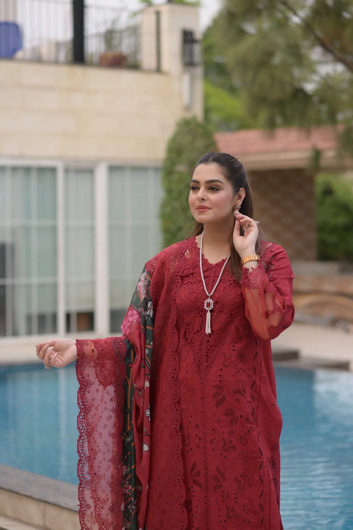 Aneelas - 3Pc Lawn Chikankaari Embroidered Shirt With Chiffon Printed Dupatta And Trouser