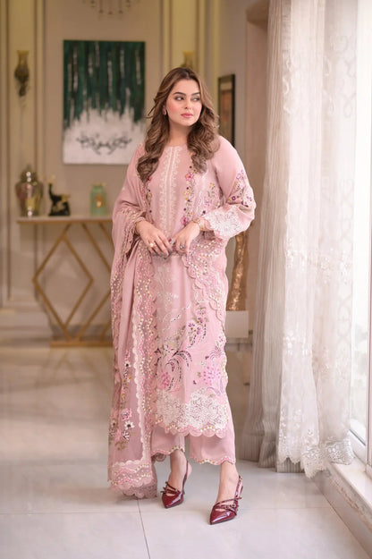 Aneelas - 3Pc Lawn Embroidered Shirt With Cotton Net Embroidered Dupatta And Trouser