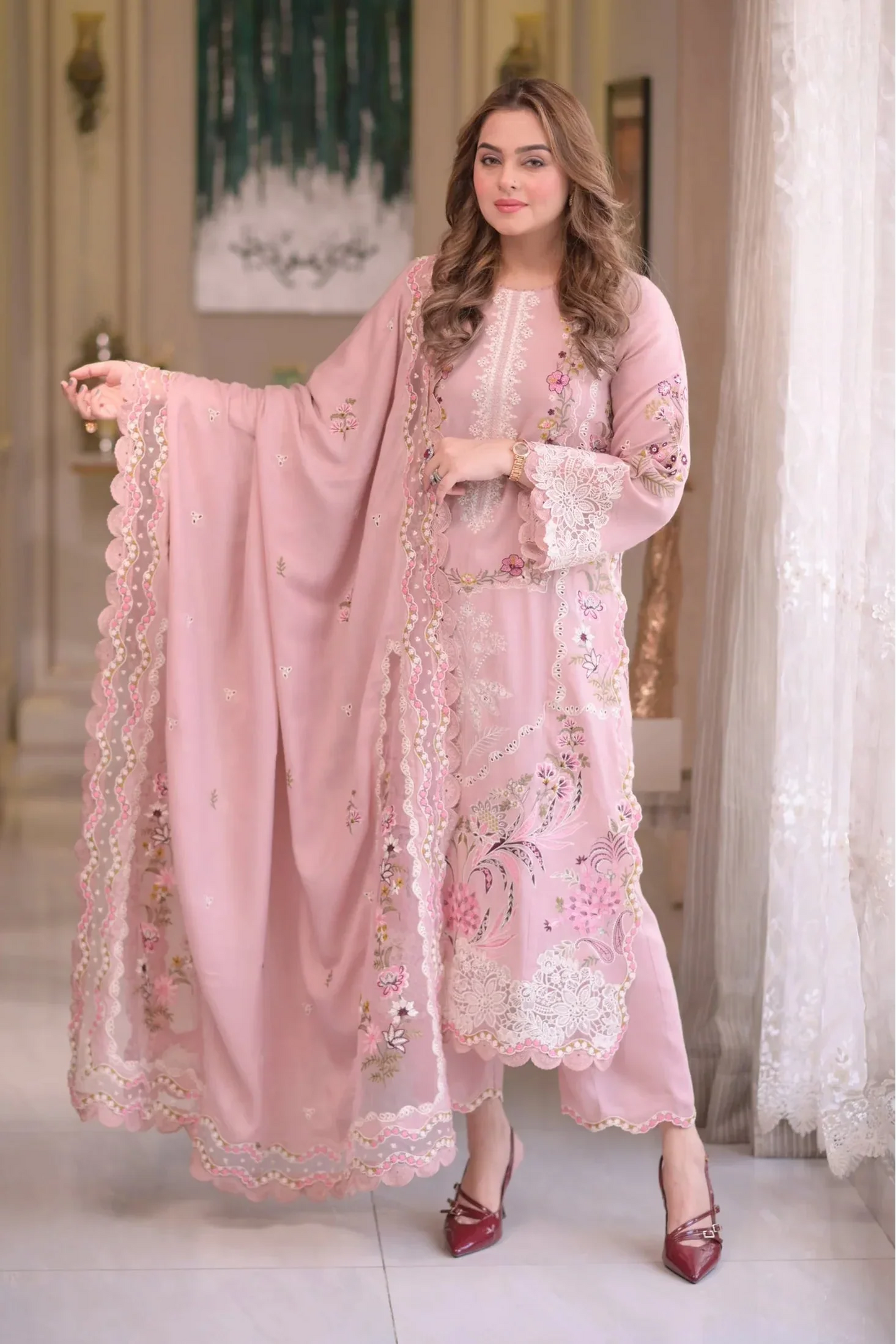 Aneelas - 3Pc Lawn Embroidered Shirt With Cotton Net Embroidered Dupatta And Trouser