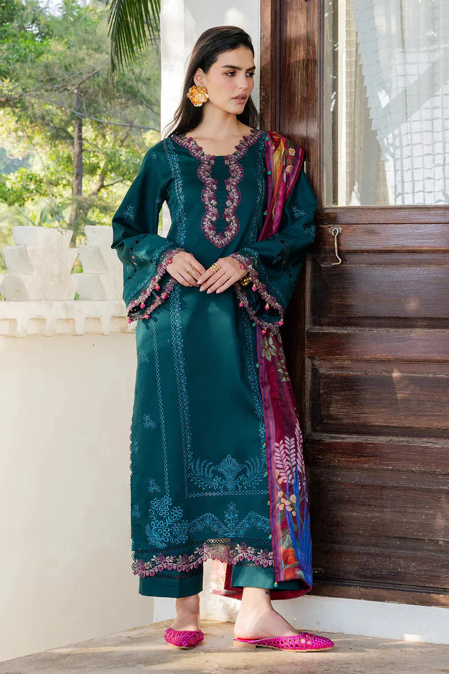 Izel - 3Pc Lawn Embroidered Shirt With Chiffon Printed Dupatta And Trouser