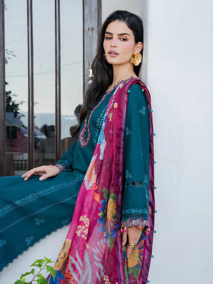 Izel - 3Pc Lawn Embroidered Shirt With Chiffon Printed Dupatta And Trouser