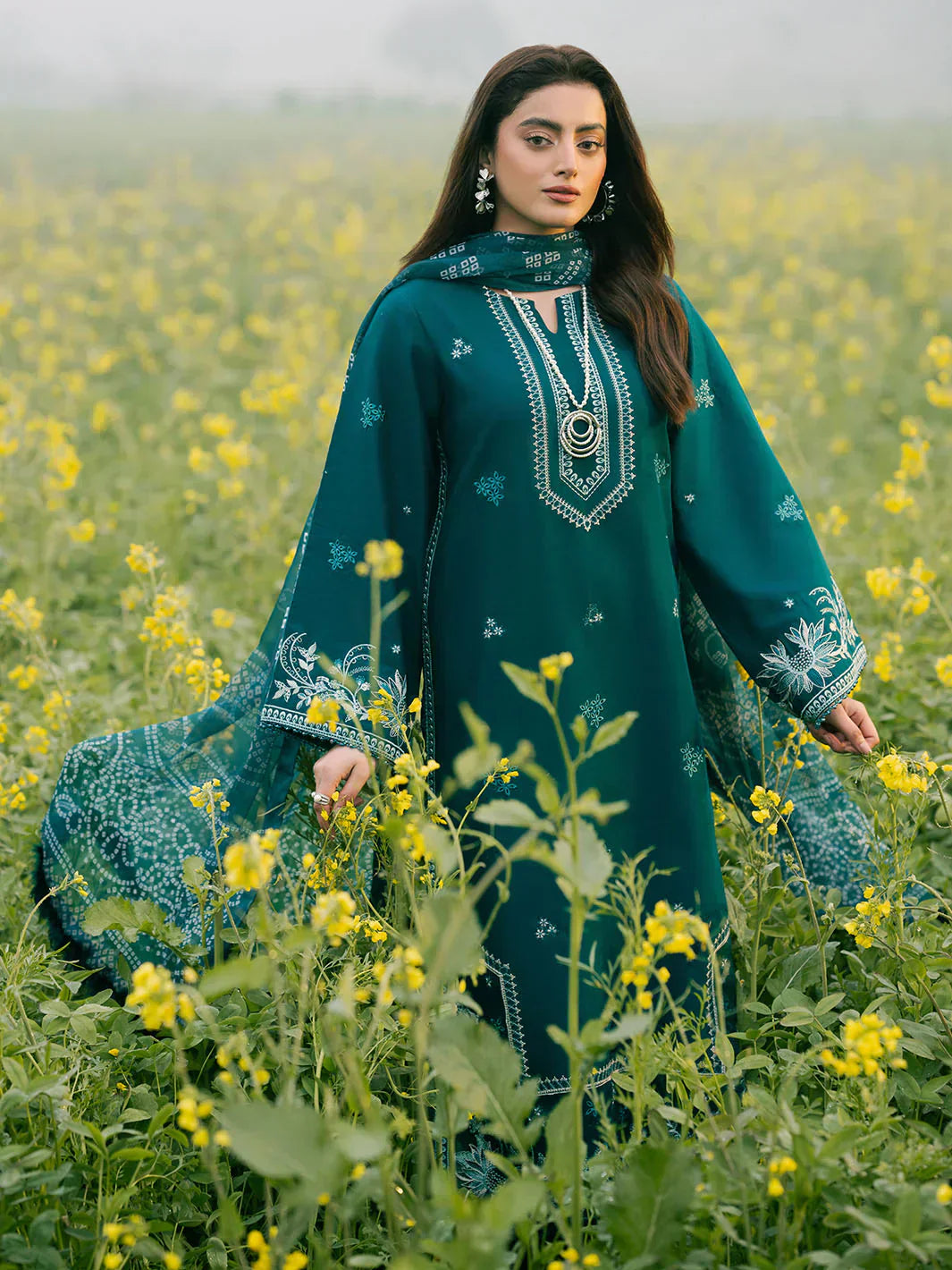 Izel - 3Pc Lawn Embroidered Shirt With Chiffon Printed Dupatta And Trouser
