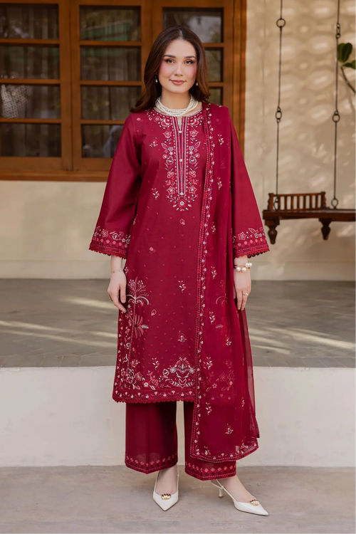 Batik - 3Pc Lawn Embroidered Shirt With Chiffon Embroidered Dupatta And Trouser