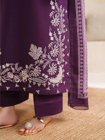 Garnet - 3Pc Lawn Embroidered Shirt With Chiffon Printed Dupatta And Trouser