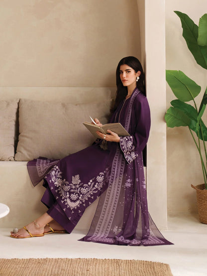 Garnet - 3Pc Lawn Embroidered Shirt With Chiffon Printed Dupatta And Trouser