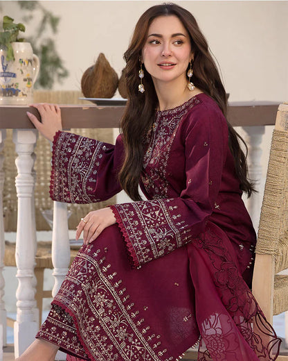 Allys - 3Pc Lawn Embroidered Shirt With Organza Embroidered Dupatta And Trouser