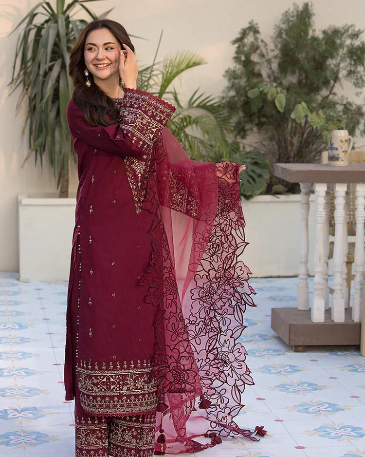 Allys - 3Pc Lawn Embroidered Shirt With Organza Embroidered Dupatta And Trouser