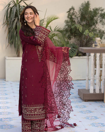 Allys - 3Pc Lawn Embroidered Shirt With Organza Embroidered Dupatta And Trouser