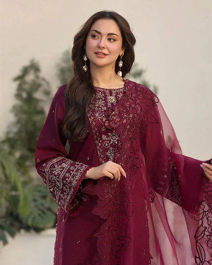 Allys - 3Pc Lawn Embroidered Shirt With Organza Embroidered Dupatta And Trouser