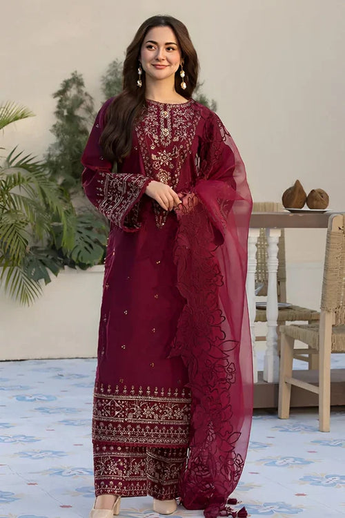 Allys - 3Pc Lawn Embroidered Shirt With Organza Embroidered Dupatta And Trouser