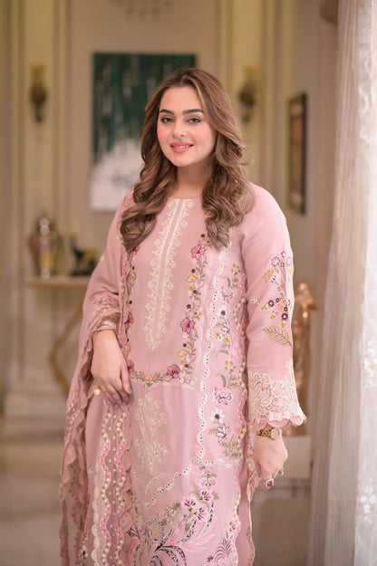 Aneelas - 3Pc Lawn Embroidered Shirt With Cotton Net Embroidered Dupatta And Trouser
